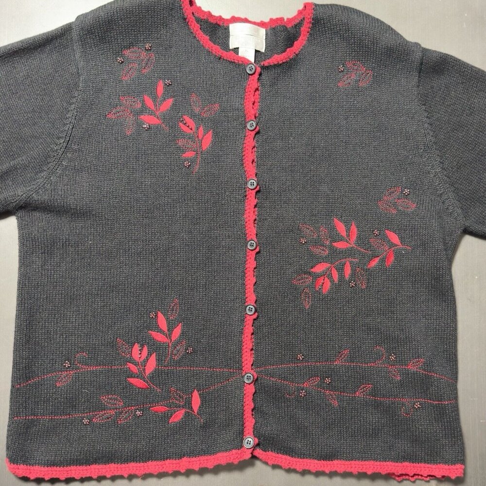 Vintage Christopher Banks Hand Embroidered Black Red Sweater Beaded Cardigan XL - Picture 7 of 13